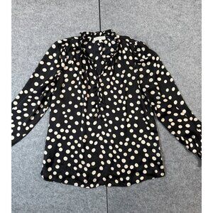 Blousology Popover Top Women's Large Black Beige Polka Dot Mock Neck Long Sleeve